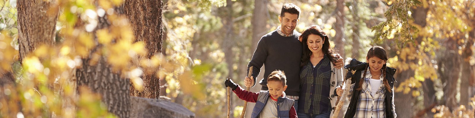 A family walking in the woods.