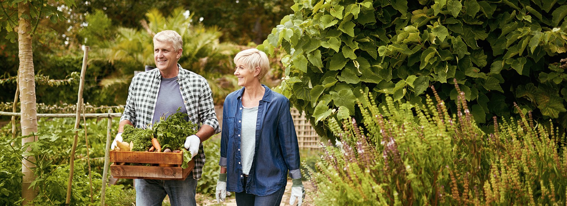 Couple walking in garden.