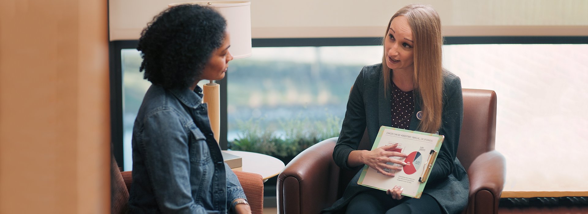 Patient talking with counselor about genetics.